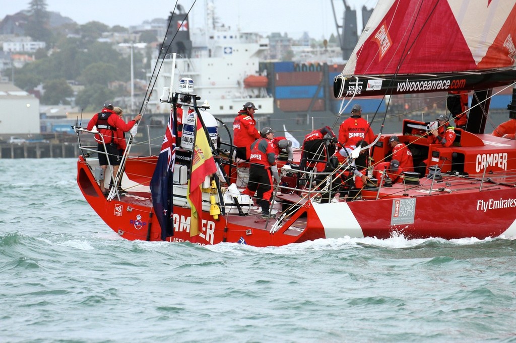 Camper heads down the wharves having croosed the harbour again - Volvo Ocean Race Auckland - Start March 18,2012 © Richard Gladwell www.photosport.co.nz